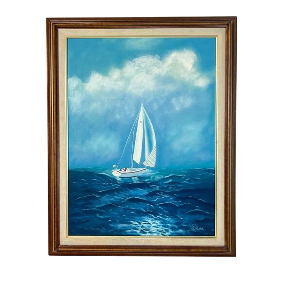 Vintage Original Oil Painting Sailboat 18x24, Signed Framed Art, Nautical Ocean